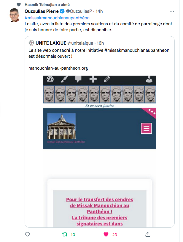 P.Ouzoulias : le site pour Manouchian au Panthéon