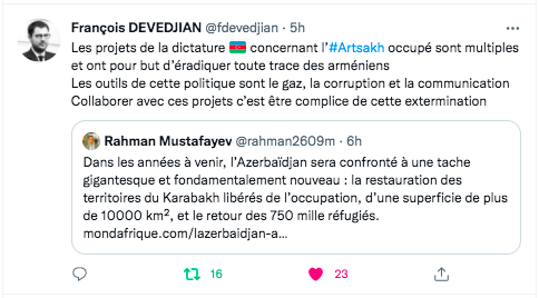 F DEVEDJIAN : collaborer avec Bakou c&rsquo;est être complice