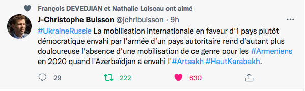 JC Buisson : mobilisation pour l&rsquo;Ukraine qui contraste avec celle pour l&rsquo;Arménie