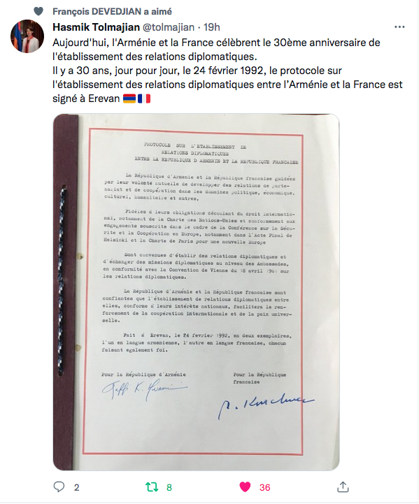 H. Tolmajian : Les 30 ans de relations diplomatiques avec la France