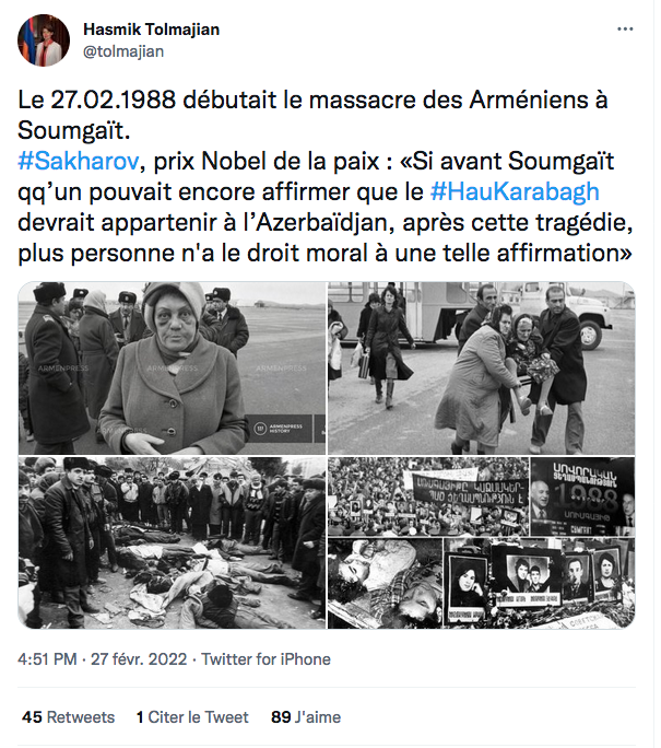 Hasmik Tolmajian : la mémoire des pogroms de Soumgaït