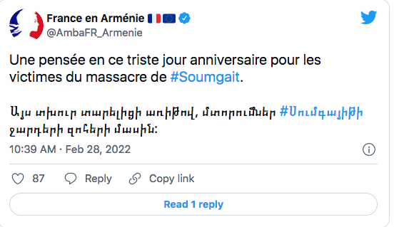 Amb de France en Arménie : pensée pour les victimes de Soumgaït