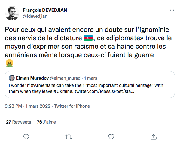 F Devedjian : le racisme de ce diplomate azerbaïdjanais