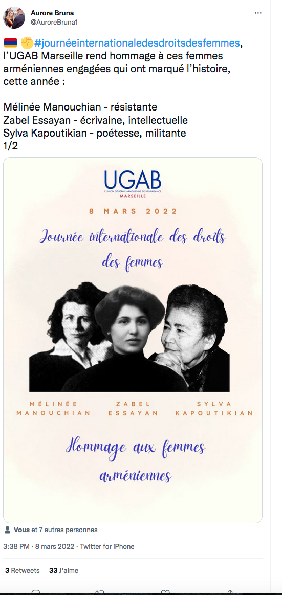 Aurore Bruna : Hommage de l&rsquo;UGAB à 3 Arméniennes