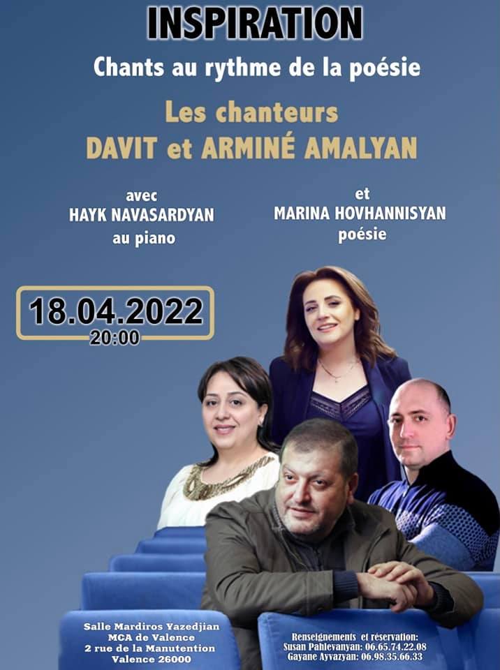 La MCA de Valence invite les chanteurs Davit et Arminé Amalyan et la poétesse Marina Hovhannisyan et le pianiste Hayk Navasardyan le 18 avril