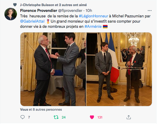 Florence Provendier : la légion d&rsquo;honneur à Michel Pazoumian