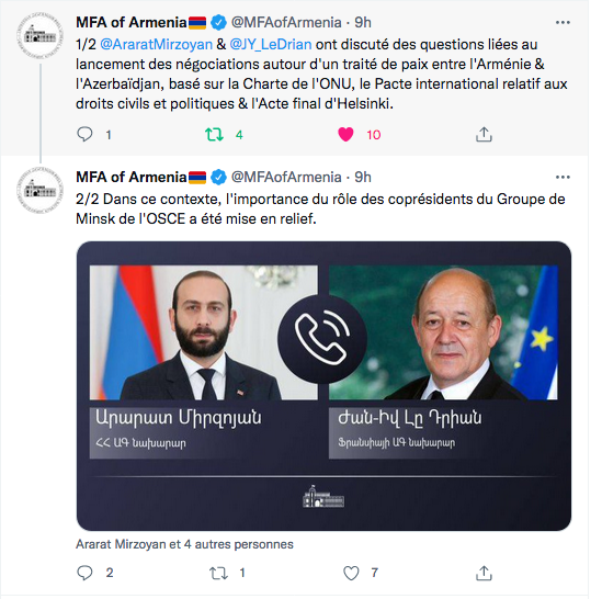MFA of Armenia : la discussion Le Drian Mirzoyan