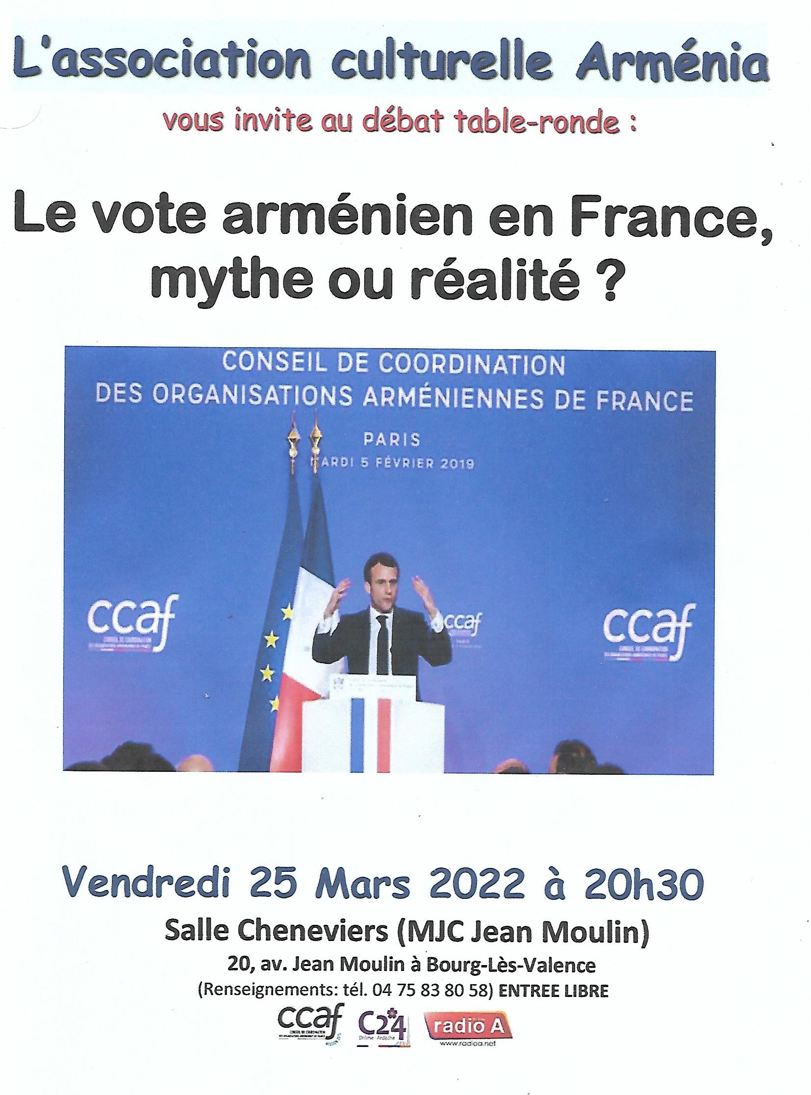 « Arménia » débat sur « Le vote arménien en France mythe ou réalité ? » ce vendredi 25 Mars à Bourg-Lès-Valence