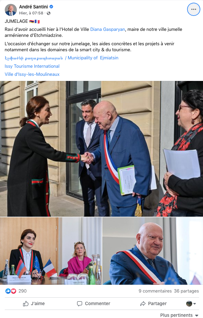 A Santini : ravi d&rsquo;accueillir la maire d&rsquo;Etchmiadzine