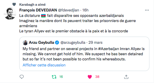 F Devedjian : Disparition des opposants azerbaïdjanais