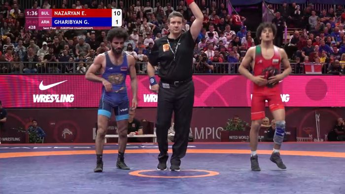 Gevorg Ghazaryan (Arménie) s’est incliné 1-10 face à Edmond Nazaryan (Bulgarie) en demi-finale des 60 kg des Championnats d’Europe de lutte gréco-romaine, il luttera pour le bronze
