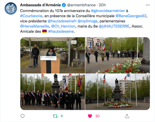 Ambassade d&rsquo;Arménie : commémoration à Courbevoie