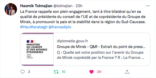 Hasmik Tolmajian : La France rappelle son engagement dans le GDM
