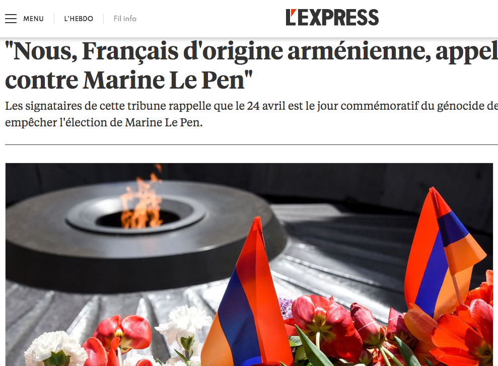 « Nous, Français d&rsquo;origine arménienne, appelons à voter contre Marine Le Pen »
