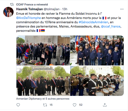 Hasmik Tolmajian : ravivage de la flamme du soldat inconnu