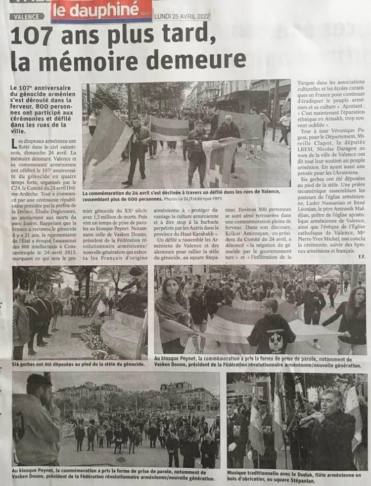 Le Dauphine Libéré (édition de Valence): 800 manifestants à Valence pour le 107e anniversaire du génocide arménien