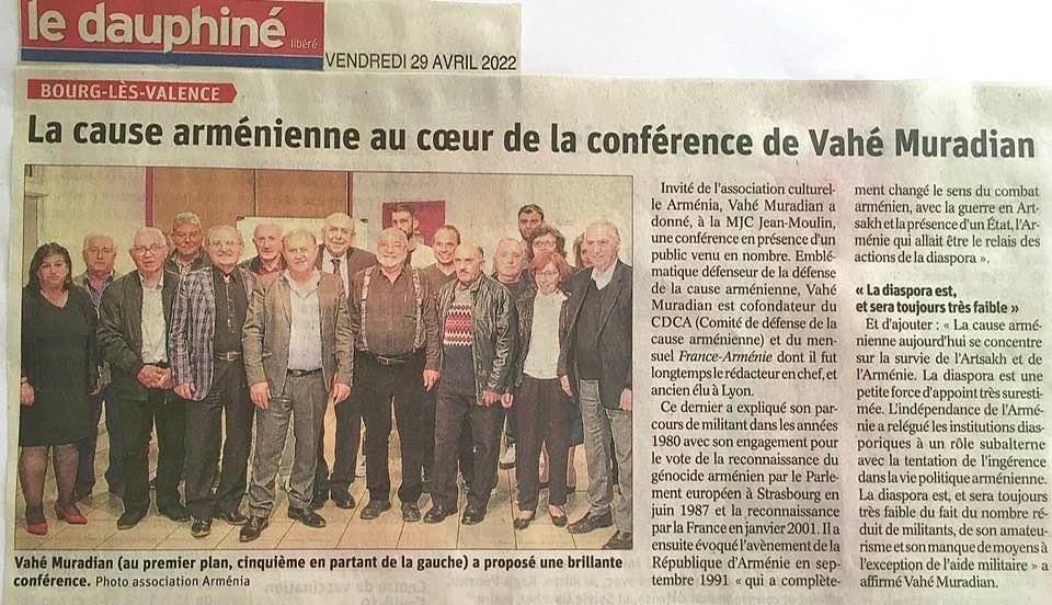 Le Dauphine Libéré (Édition de Valence): La cause arménienne au cœur de la conférence de Vahé Muradian