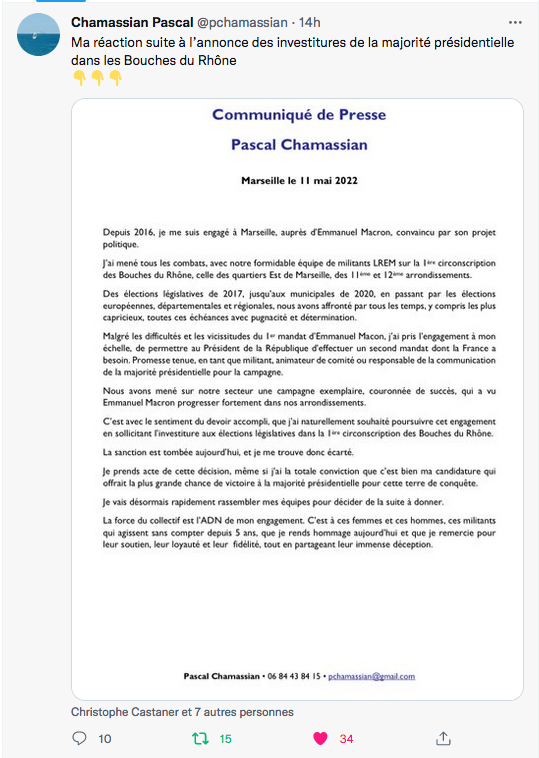 Pascal Chamassian : ma réaction suite à l&rsquo;annonce des investitures