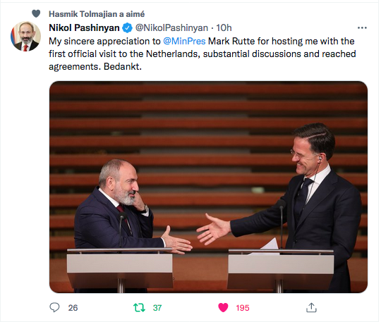 Nikol Pashinyan : remerciement à Mark Rutte