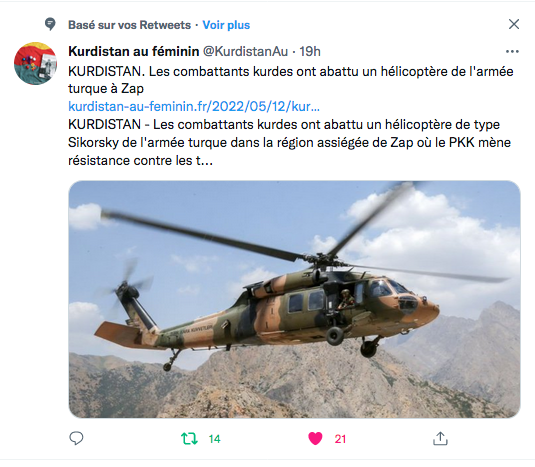 Kurdistan au féminin : hélicoptère turc abattu