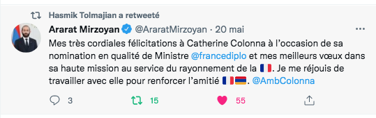 Ararat Mirzoyan : Félicitations à Catherine Colonna