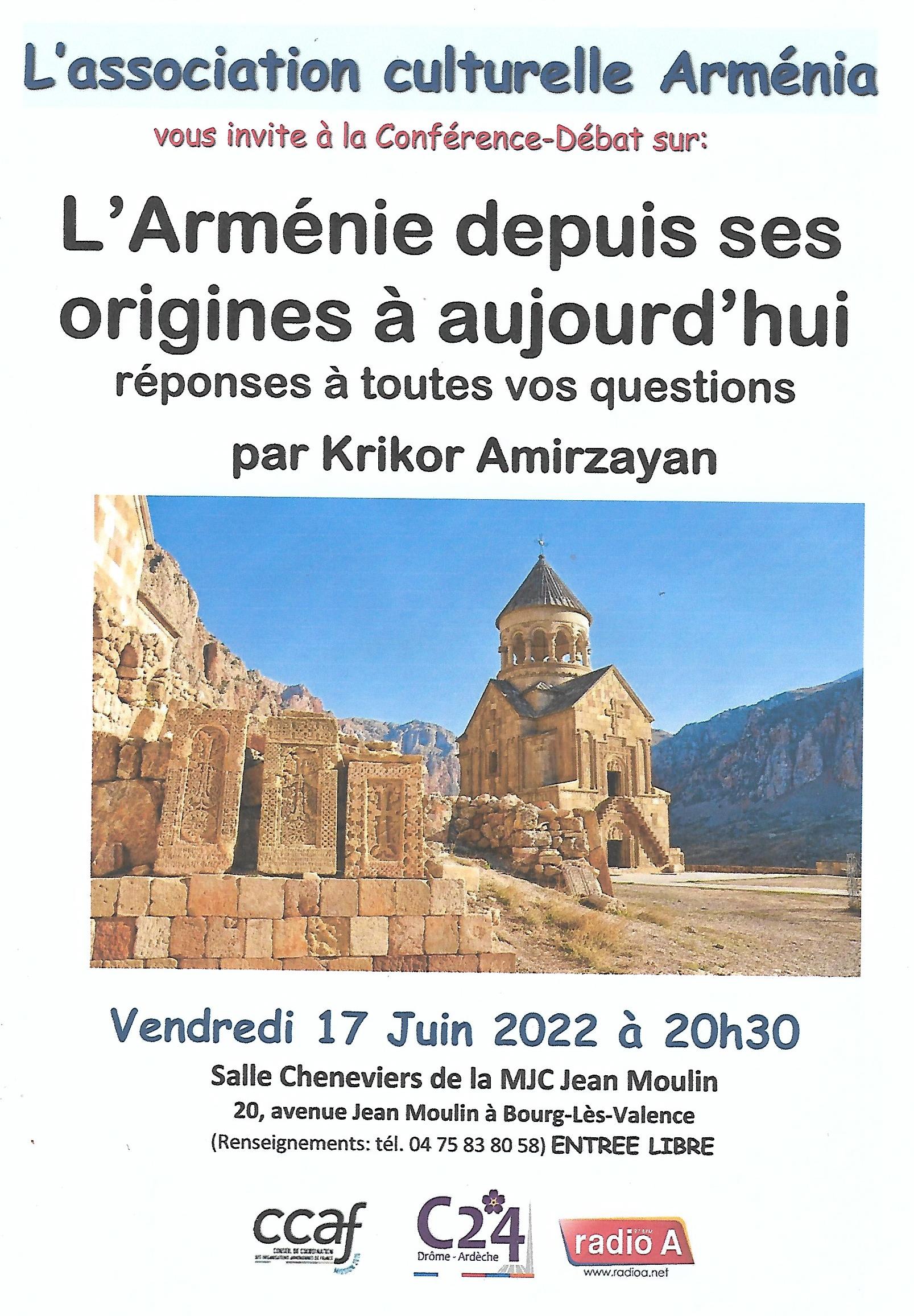L’Arménie depuis ses origines à aujourd’hui conférence-débat d&rsquo;« Arménia » le 17 juin à Bourg-Lès-Valence