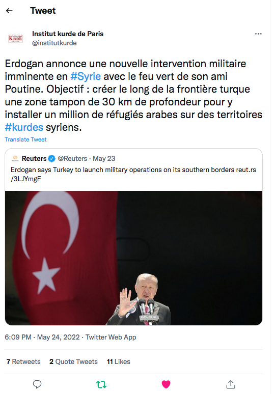 Institut kurde de Paris : Erdogan annonce une nouvelle intervention militaire