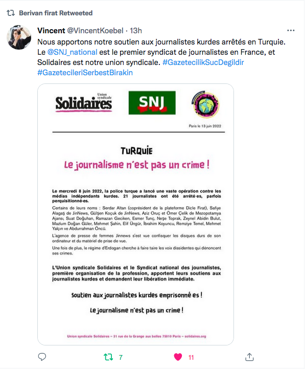 Vincent Koebel : soutien aux journalistes kurdes arrêtés