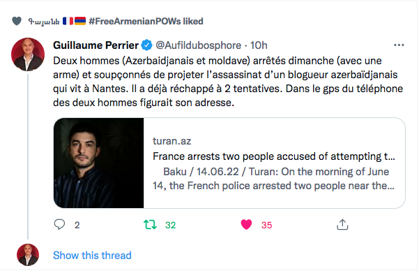 Guillaume Perrier : nouvelle tentative d&rsquo;assassinat de l&rsquo;Azerbaïdjan