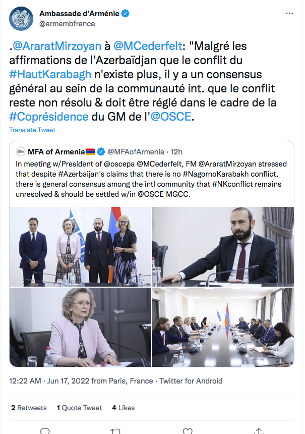 Ambassade d&rsquo;Arménie : la question du Karabakh n&rsquo;est pas réglée