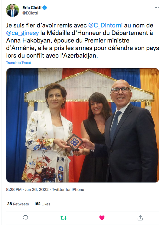 Eric Ciotti : La médaille d&rsquo;honneur du département à Anna Hakobyan