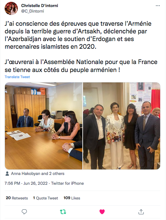 Christelle d&rsquo;Intorni : J&rsquo;oeuvrerai à l&rsquo;AN pour le soutien à l&rsquo;Arménie
