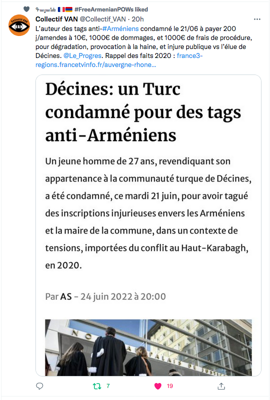 Collectif Van : l&rsquo;auteur des tags antiarméniens condamné