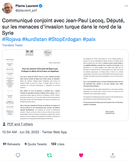 Pierre Laurent Jean-Paul Lecoq : dénonciation des menaces turques