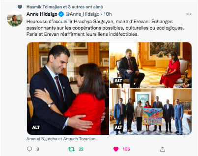 Anne Hidalgo : Heureuse d&rsquo;accueillir Hrachya Sargsyan, maire d&rsquo;Erevan