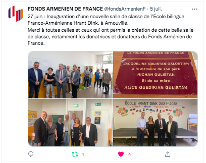 Fonds arménien : inauguration d&rsquo;une nouvelle salle de classe à l&rsquo;école Hrant Dink