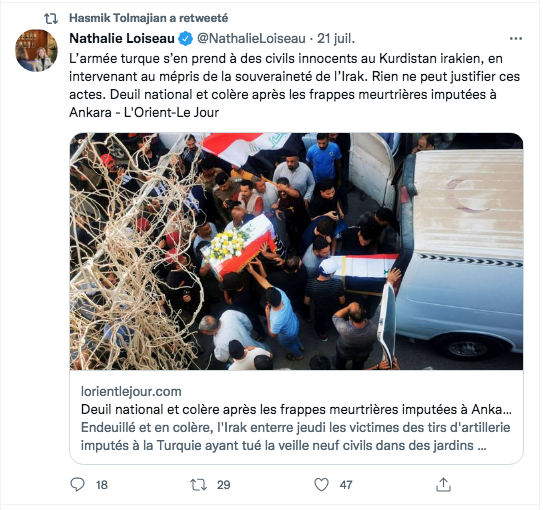 Nathalie Loiseau : le crime de l&rsquo;armée turque au Kurdistan irakien