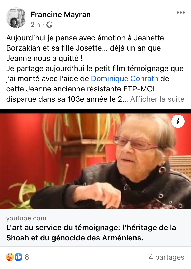 Francine Mayran se souvient de Jeanne Borzakian née Civié de parents juifs ayant épousé Puzant Borzakian un résistant arménien