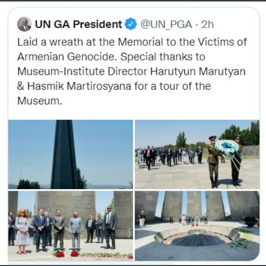 Cédant aux pressions de la Turquie, un responsable de l’Onu retire son tweet relatif à sa visite au mémorial du génocide à Erevan