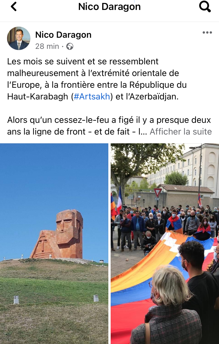 Nicolas Daragon maire de Valence condamne l’agression de l’Azerbaïdjan contre l’Artsakh