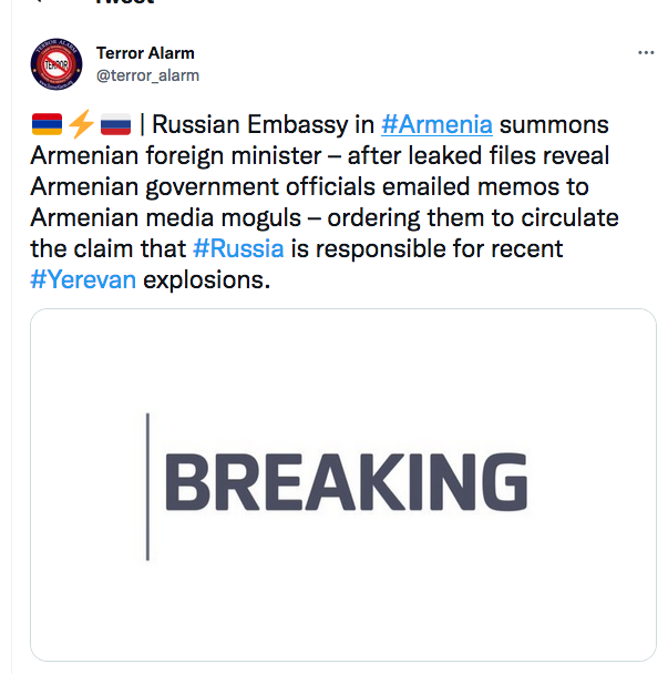 L&rsquo;ambassade de Russie en #Arménie convoque le ministre arménien des affaires étrangères