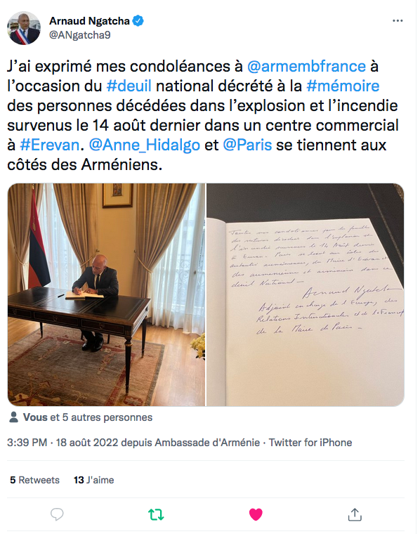 Arnaud Ngatcha : mes condoléances à l&rsquo;ambassade d&rsquo;Arménie