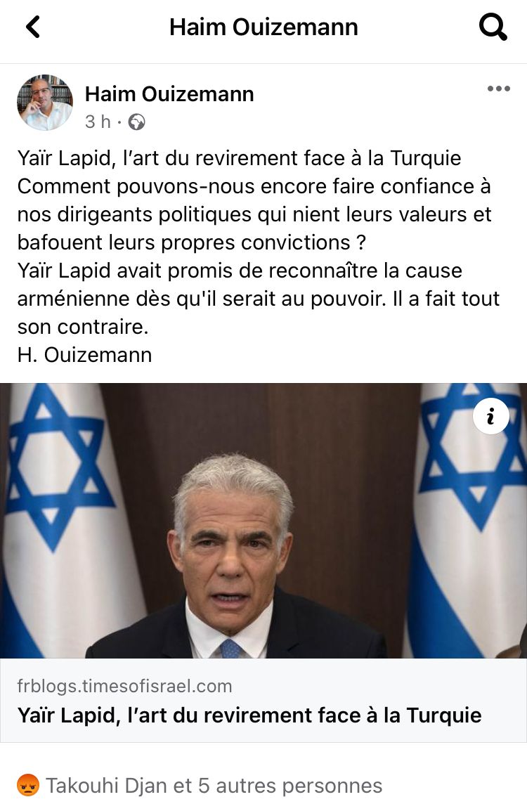 Haïm Ouizemann rappelle les Arméniens et met en garde le gouvernement israélien sur ses relations avec la Turquie