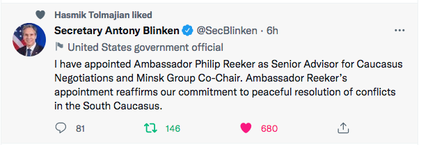 Antony Blinken :  j&rsquo;ai nommé P. Reeker coprésident du groupe de Minsk
