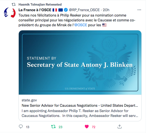 France à l’OSCE : Félicitations à Philip Reeker