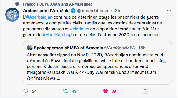 Ambassade d’Arménie : Prisonniers de guerre détenus en Azerbaïdjan