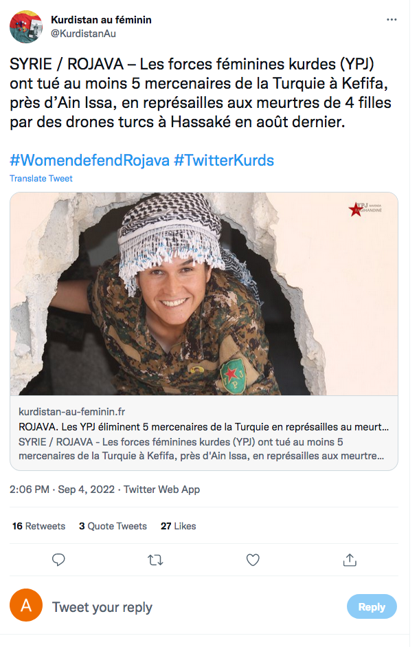 Kurdistan au féminin : Les YPG féminins ont tué 5 mercenaires de Turquie