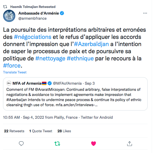 Ambassade d&rsquo;Arménie : les intentions criminelles de l&rsquo;Azerbaïdjan