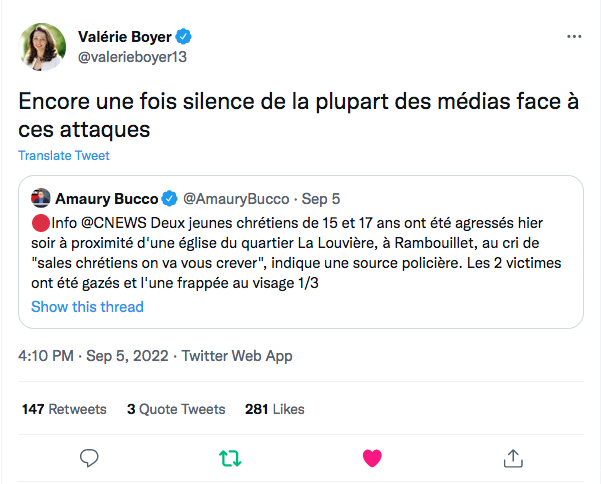 Valérie Boyer : jeunes chrétiens agressés à Rambouillet