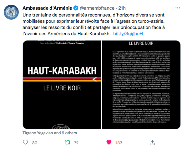 Ambassade d&rsquo;Arménie : le livre noir contre l&rsquo;agression azérie